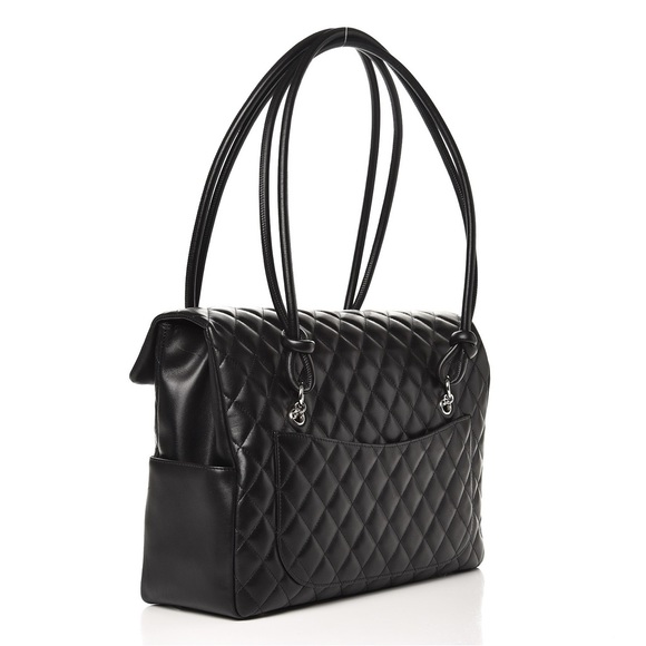 CHANEL Black Lambskin Leather Cambon Handbag Limited Edition White CC Logo RARE - Picture 6 of 16